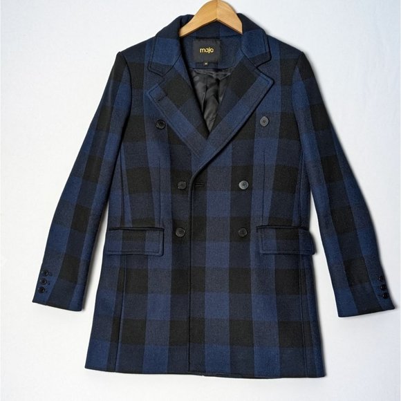 MAJE Goldan Coat Tailored Plaid Oversized Double Breasted Blazer Blue Black Wool - Picture 3 of 16